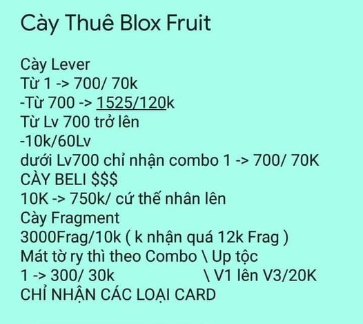 Bảng giá cày thuê Blox Fruit 