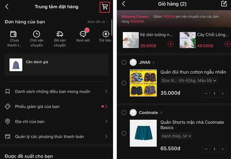 Cách xem giỏ hàng trên Tiktok