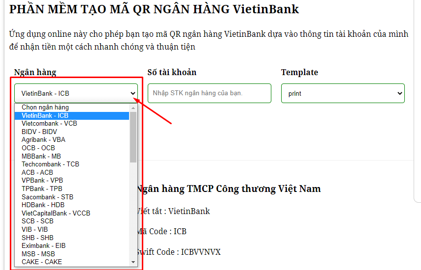 Cách tạo mã QR cho tài khoản ngân hàng Vietinbank qua website thứ ba
