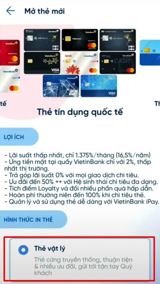 Mở thẻ tín dụng Vietinbank online trên app Vietinbank iPay