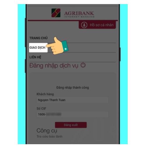 Tạo bill chuyển tiền Agribank bằng internet banking