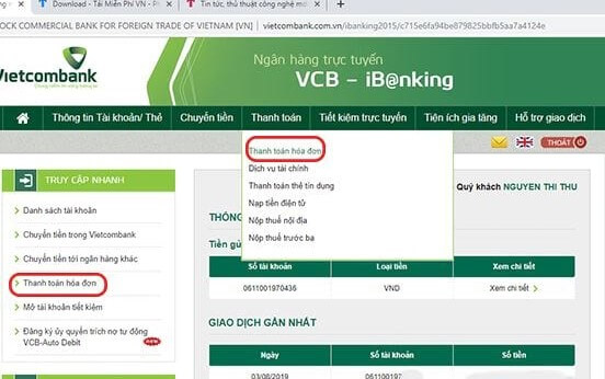 thanh toán cước trả sau Vinaphone qua Internet Banking Vietcombank